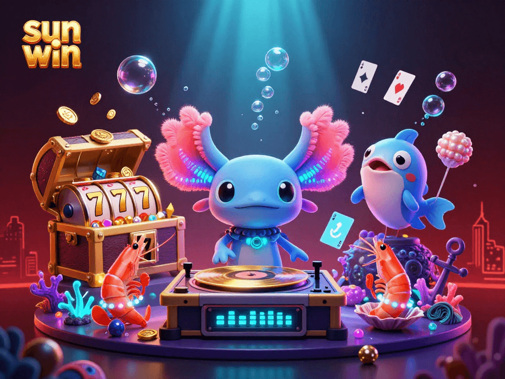 Engage with the sun win experience as an axolotl DJ spins golden records in an electrifying underwater casino.