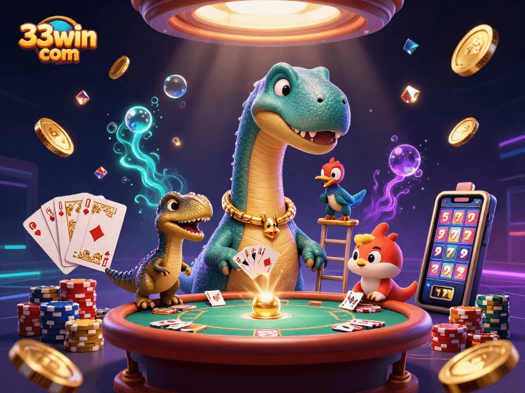 Engage in vibrant gaming at 33win com with a thrilling scene featuring a brontosaurus and raptor in a casino.