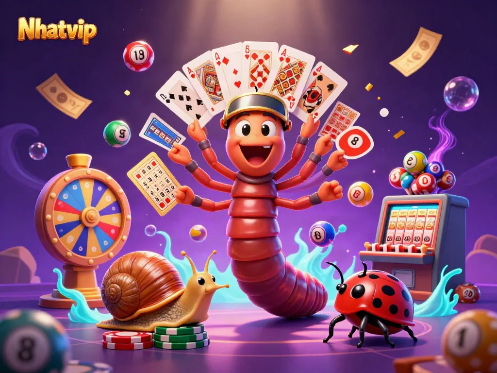 Nhatvip delivers excitement as a 3D cartoon millipede dealer and friends animate a vibrant casino scene.