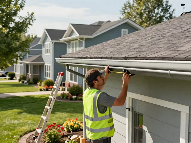 Technician installing Spokane seamless gutter on a sunny home.