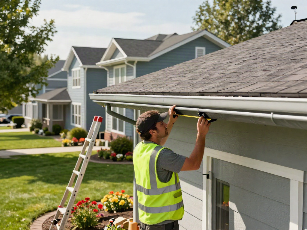 Technician installing Spokane seamless gutter on a sunny home.