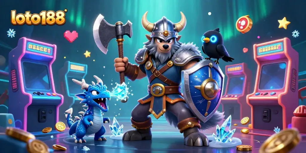 Experience thrilling gameplay at loto188 with our dynamic 3D Viking warrior and dragon illustration.