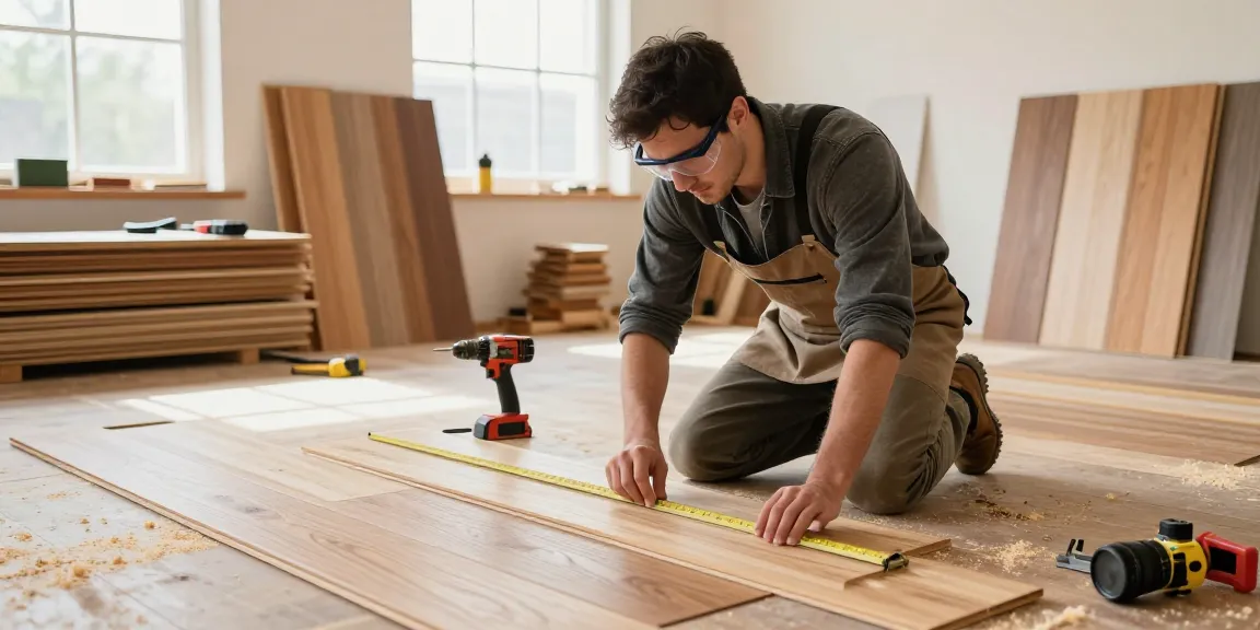Bygg flooring installation project with a skilled carpenter measuring wood.
