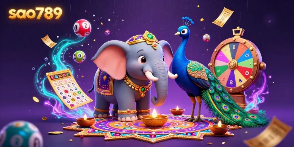 Sao789 offers an energetic casino scene with vibrant elements like a themed elephant and lottery elements.