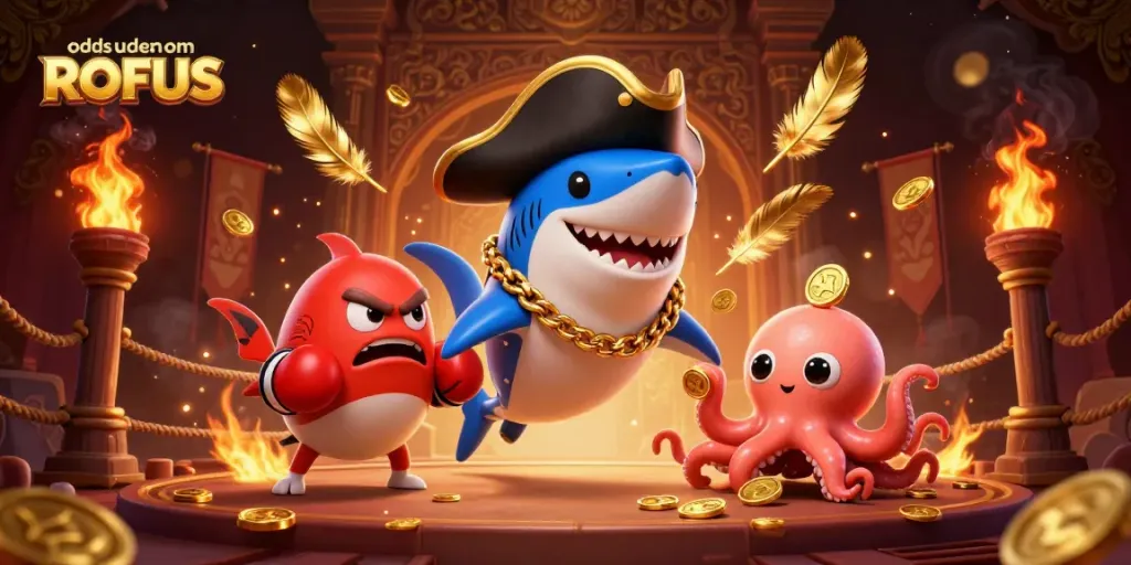 Experience exciting odds uden om ROFUS in this engaging 3D illustration featuring playful casino characters.