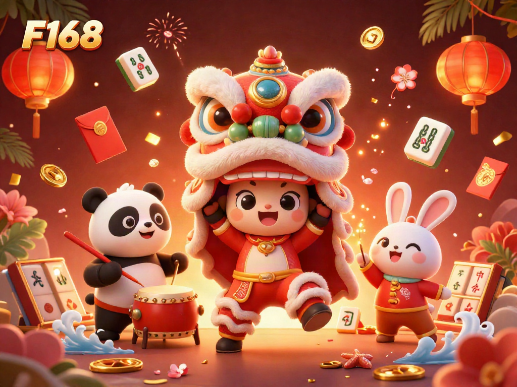Celebrate F168 with vibrant lion dance and slot elements in a dynamic casino illustration.