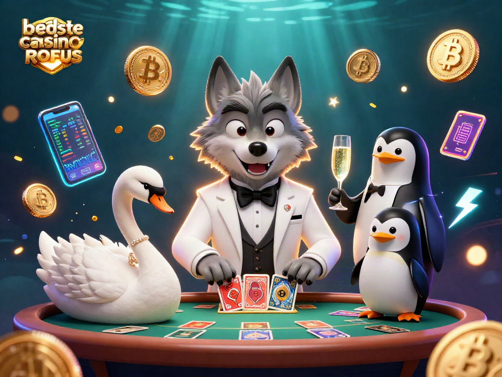 Engage with the action at the beste casino uden ROFUS featuring lively characters and neon crypto elements.