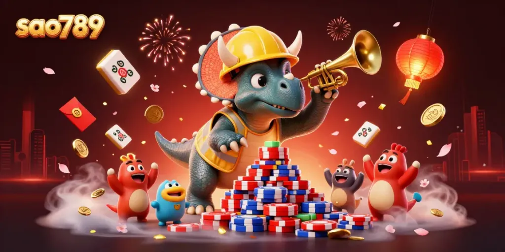 Sao789's vibrant casino scene with colorful characters celebrating a poker chip pyramid.