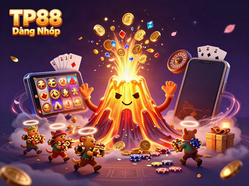 Experience TP88 Đăng Nhập with treasures raining from the golden volcano in a vibrant casino scene.