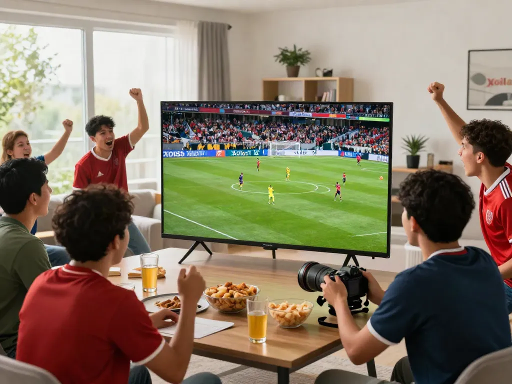 Exciting football fans enjoying bóng đá xoilactv in a lively living room setting with delicious snacks.