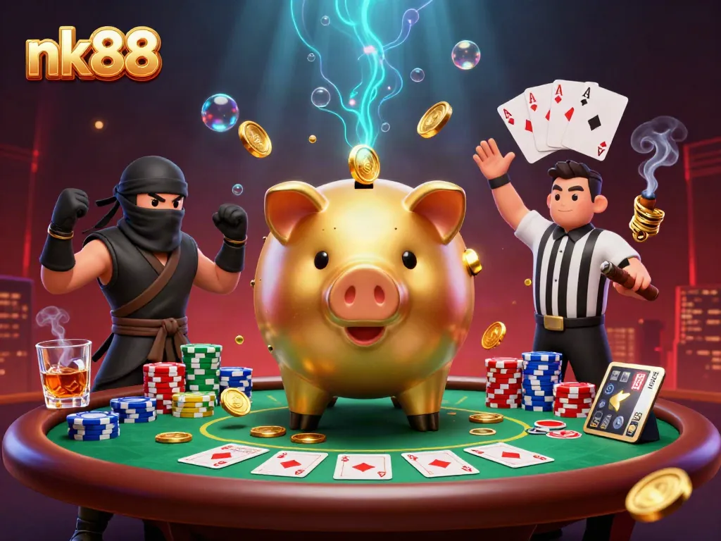 Engage in thrilling action at nk88 with a sumo wrestler piggy bank amidst poker excitement and gold coins galore.