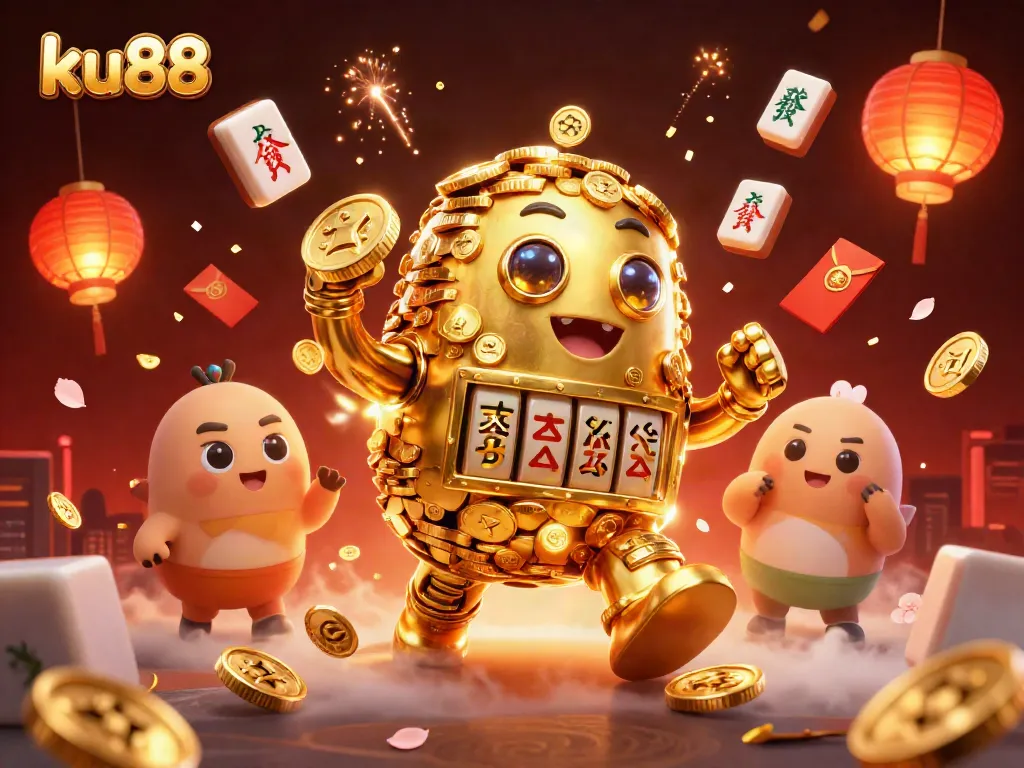 Experience thrilling gameplay at ku88 with an ancient golden golem in a vibrant casino setting.