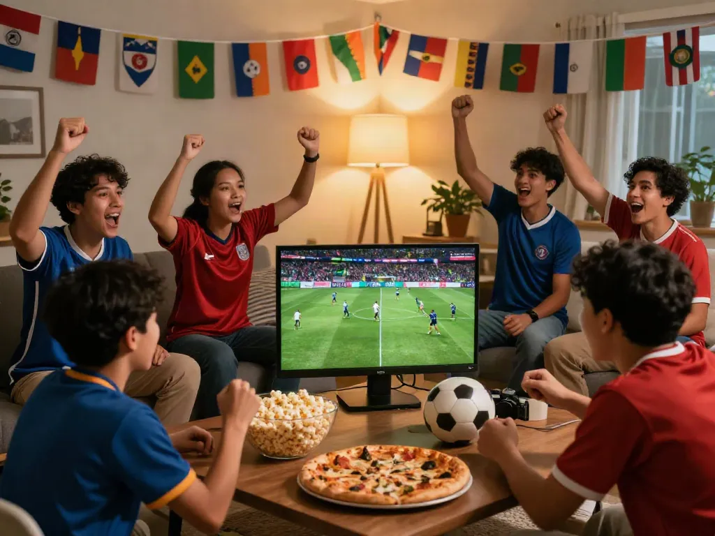 Excited fans celebrating bóng đá cakhiatv in a lively living room during a match.