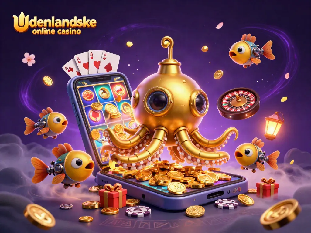 Experience the excitement of udenlandske online casino with a vibrant 3D rendering featuring games and treasures.
