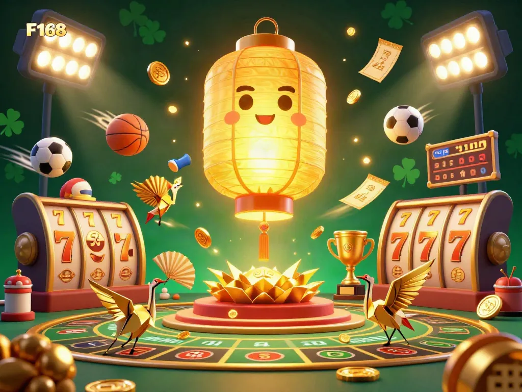 Experience the vibrant casino scene with F168's golden lantern spirit and dynamic gambling elements.