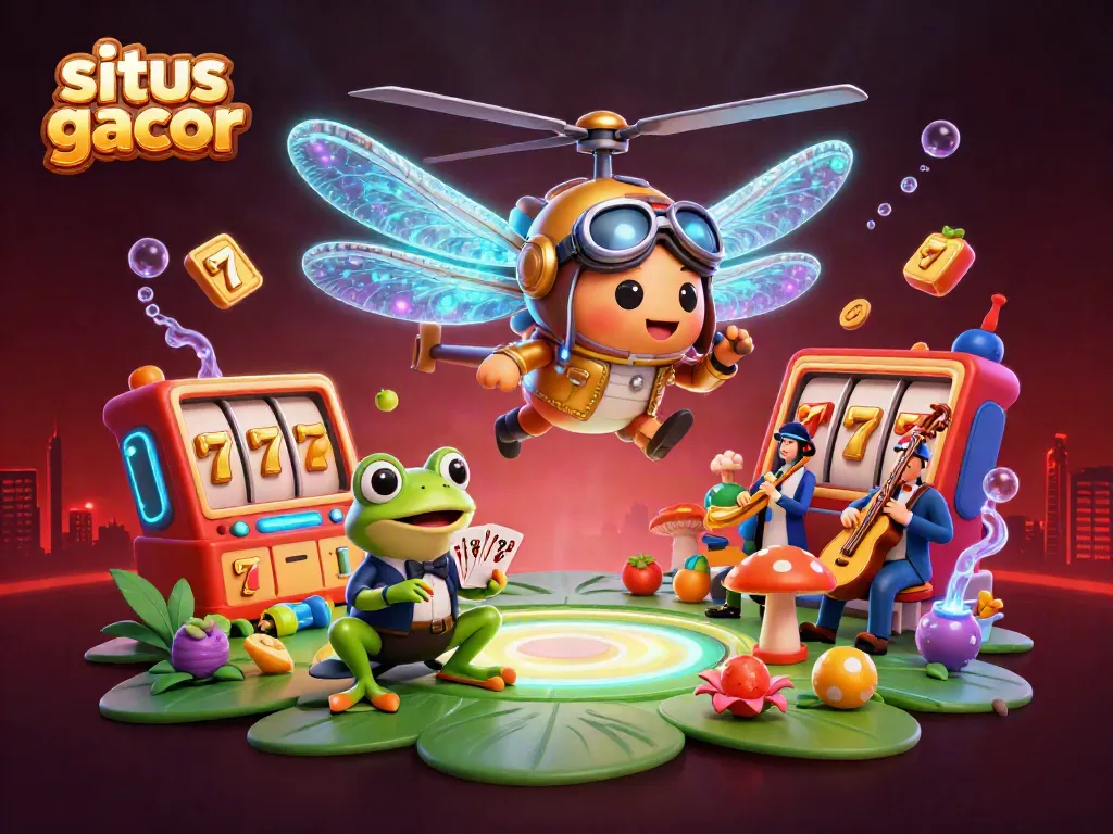 Engage in gaming excitement at situs gacor with a vibrant scene featuring dragonfly pilot and frog croupier.