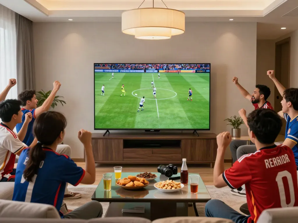 Fans enjoying a thrilling live football match on trang bóng thapcamtv in a vibrant living room setting.