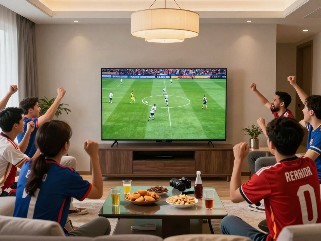 Fans enjoying a thrilling live football match on trang bóng thapcamtv in a vibrant living room setting.