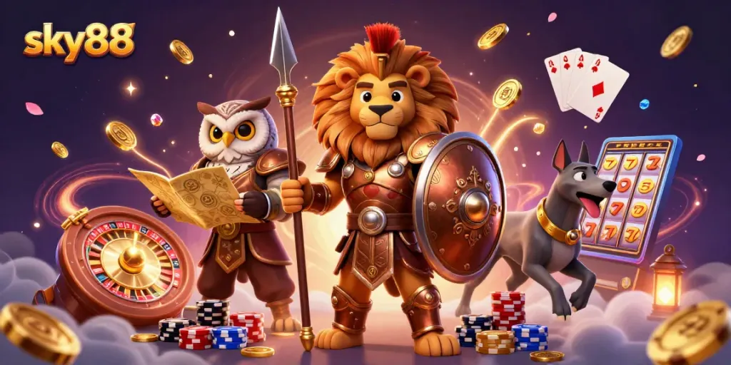 Win big at sky88 with thrilling casino action featuring a Spartan lion, owl, and greyhound among sparkling treasures.