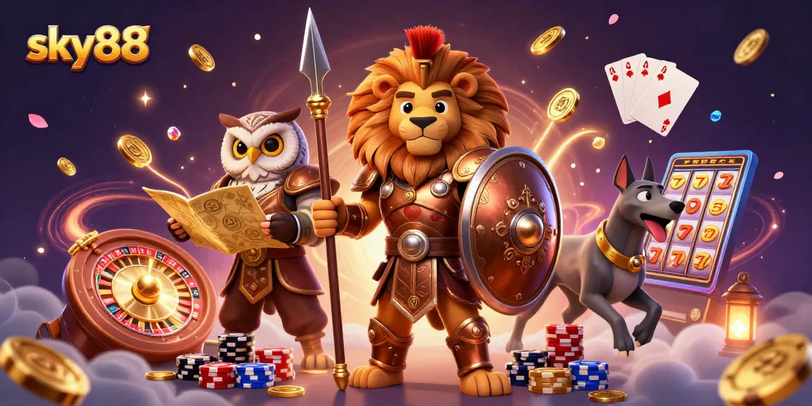 Win big at sky88 with thrilling casino action featuring a Spartan lion, owl, and greyhound among sparkling treasures.