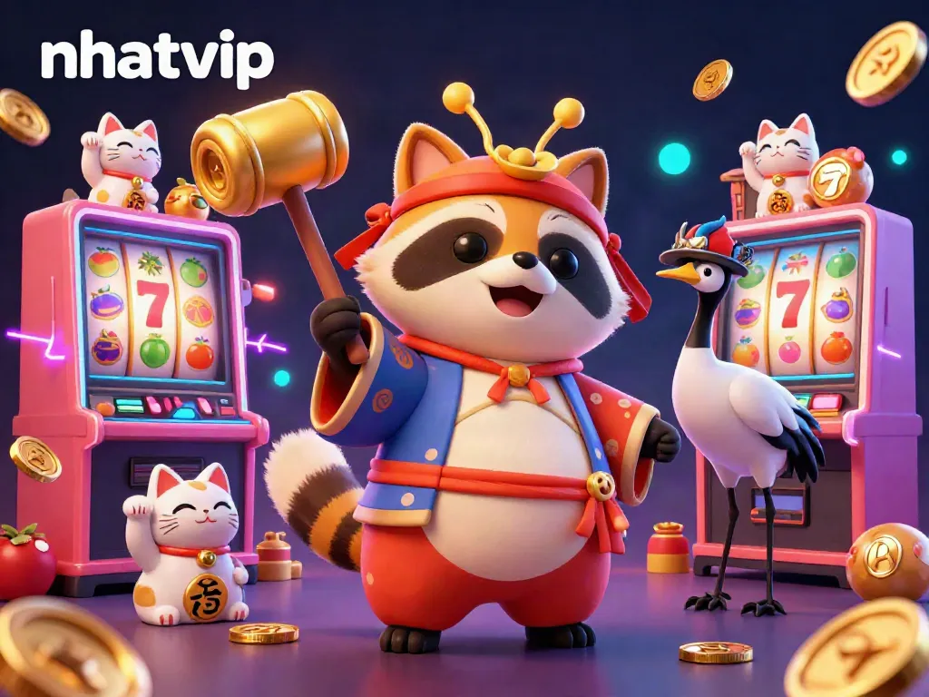 Nhatvip showcases a vibrant 3D illustration of a cheerful tanuki amid slot machines and fortune cats, celebrating luck.
