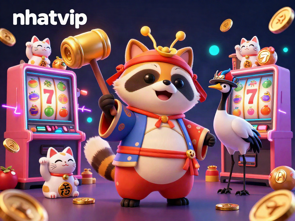 Nhatvip showcases a vibrant 3D illustration of a cheerful tanuki amid slot machines and fortune cats, celebrating luck.