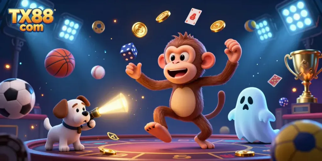 Experience the thrill of gaming at TX88 com with a lively illustration of a ghost-hunter puppy tracking a mischievous monkey in a haunted casino.