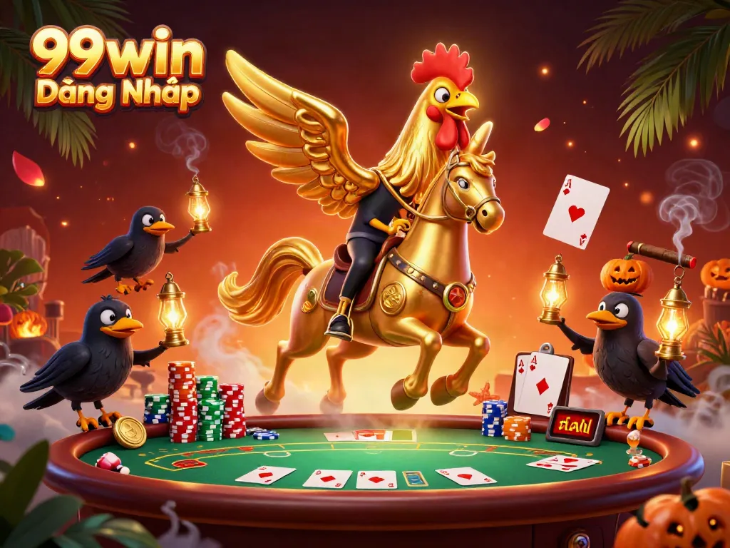 Experience the thrill of 99win Đăng Nhập in an exciting casino scene featuring a golden rooster and poker elements.