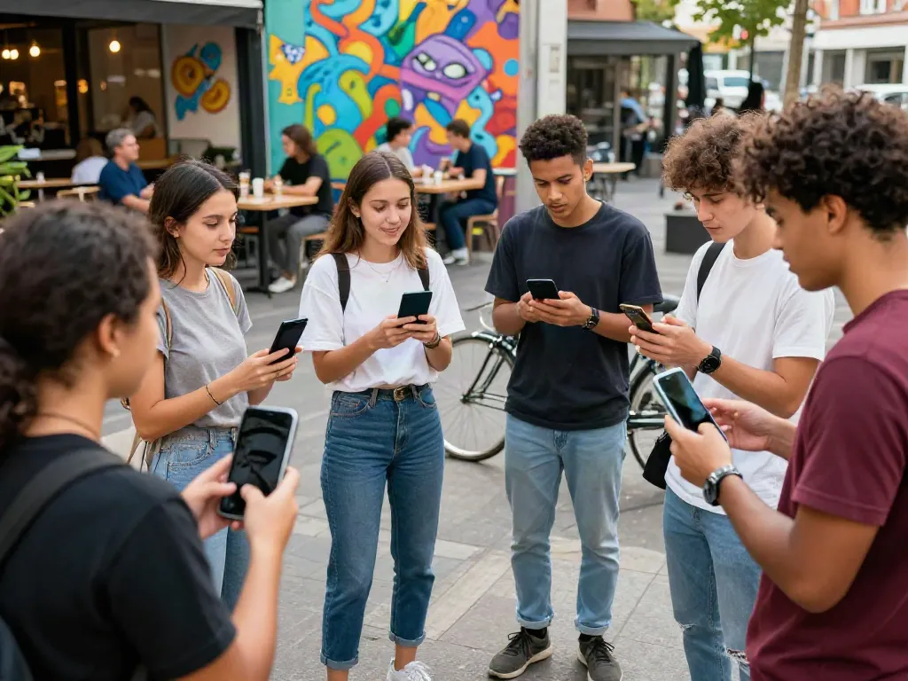 Urban lifestyle scene with young adults discussing rokok88 in a vibrant street setting.