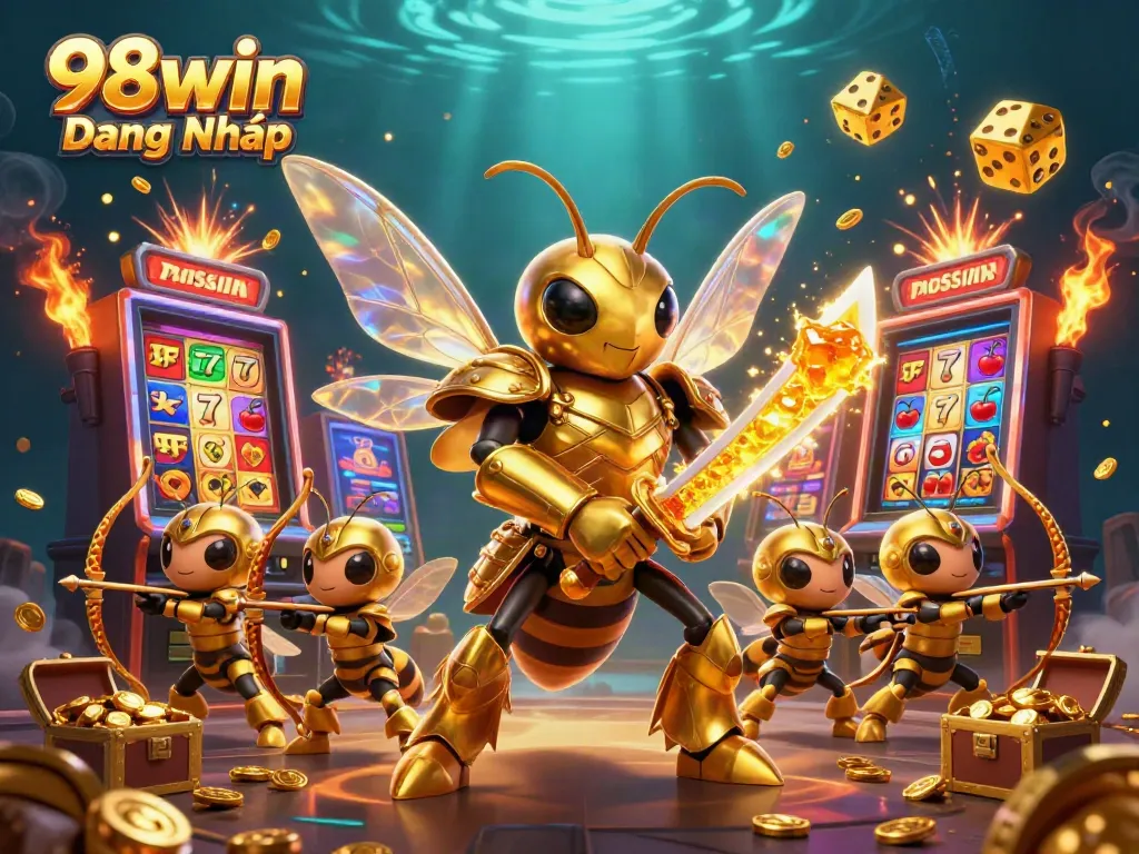 Experience vibrant gameplay with 98win Đăng Nhập in a dynamic, illustrative casino scene.