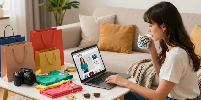Youthful shopper engaging with rokok88 website in a cozy living room, surrounded by stylish shopping bags.