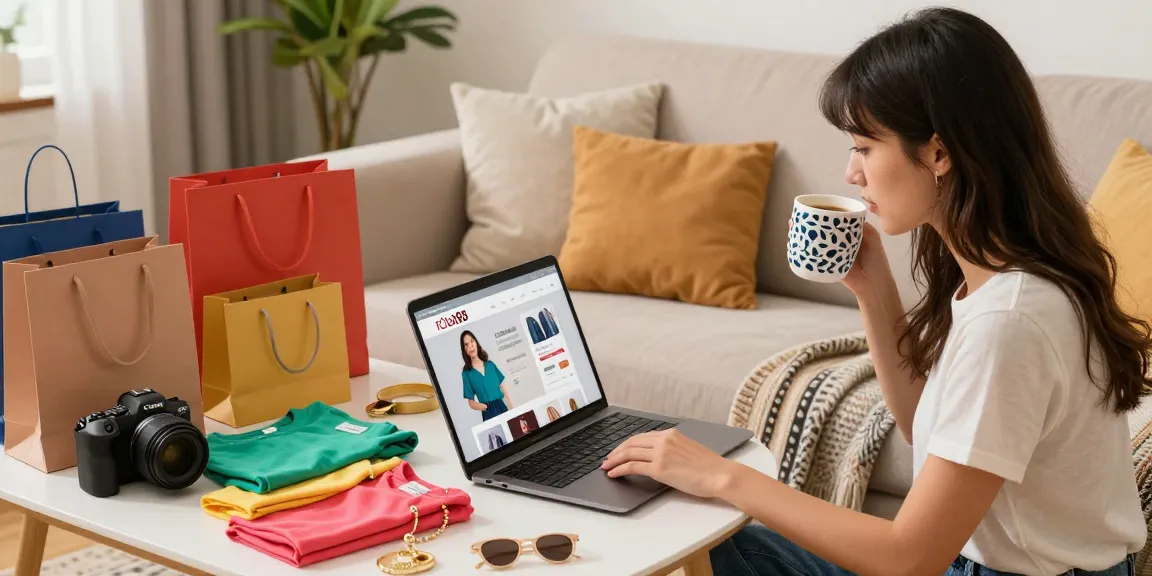 Youthful shopper engaging with rokok88 website in a cozy living room, surrounded by stylish shopping bags.