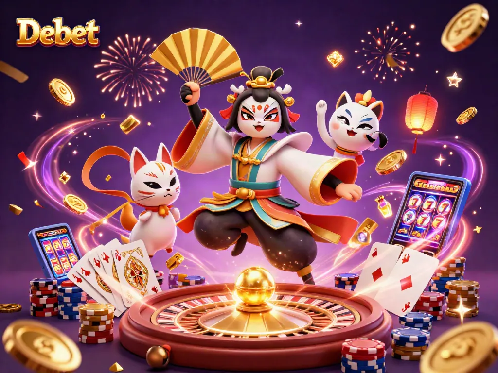 Engage with Debet's vibrant casino scene featuring a kabuki warrior and kitsune mask, surrounded by winning elements.