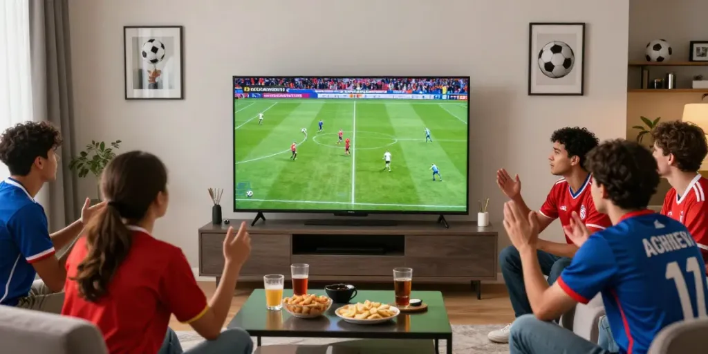 Fans enjoying bóng đá cakhiatv in a cozy living room during a football match.