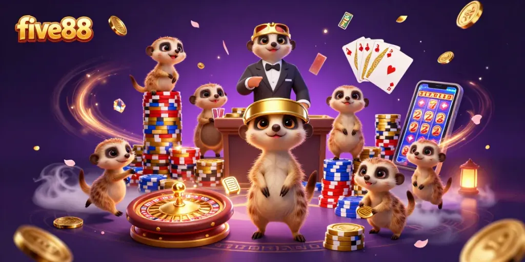 Enjoy exciting games with five88's dynamic casino scene featuring creative meerkats and vibrant elements.