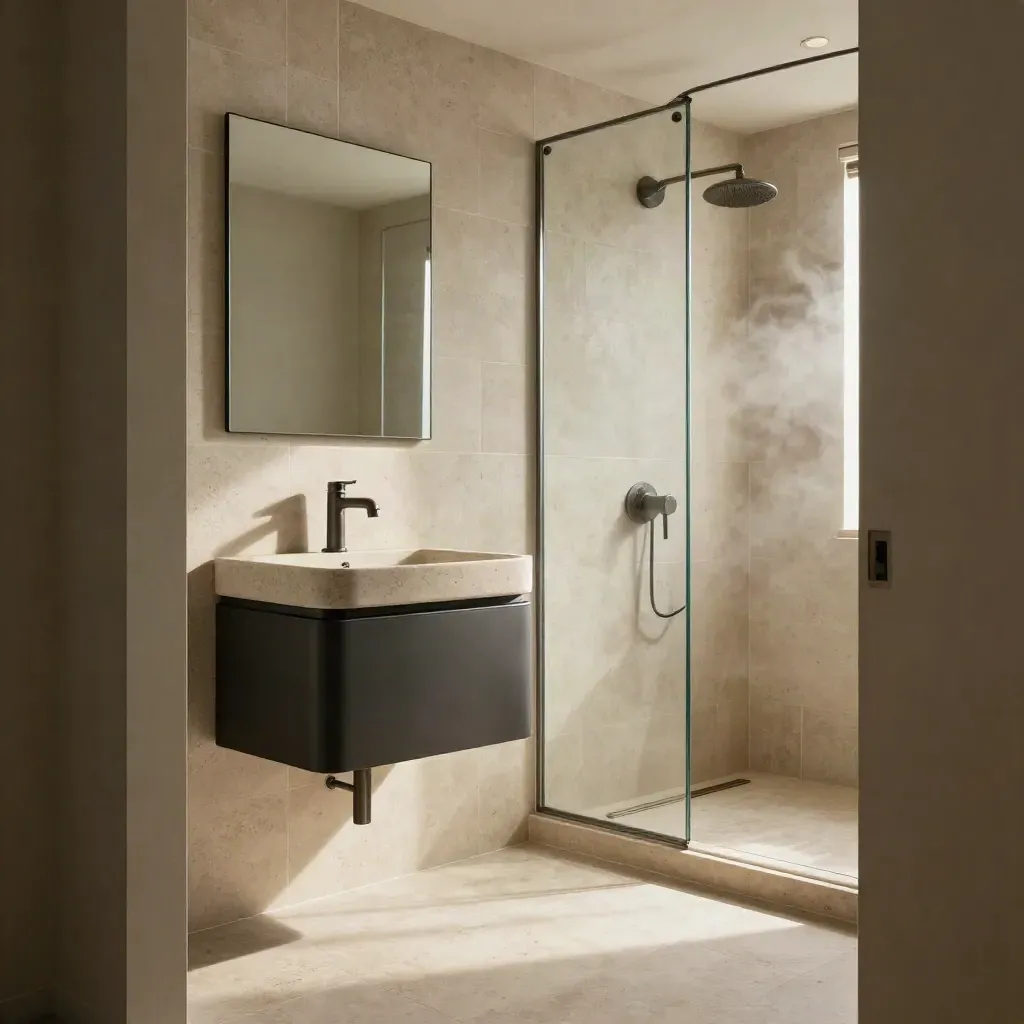 Compact bathroom upgrade with travertine tray, charcoal vanity, and glass screen in soft steam.
