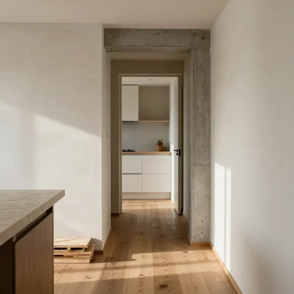 Terrace-house renovation kitchen junction with oak floor, skimmed plaster and stone worktop offcut