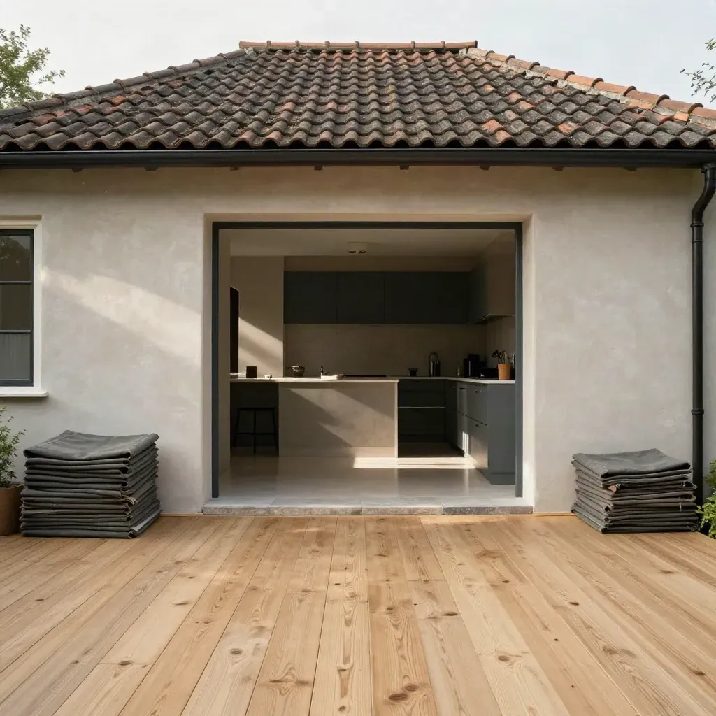 Renovated terrace-house interior with oak floors, plaster walls and a stone bath threshold.