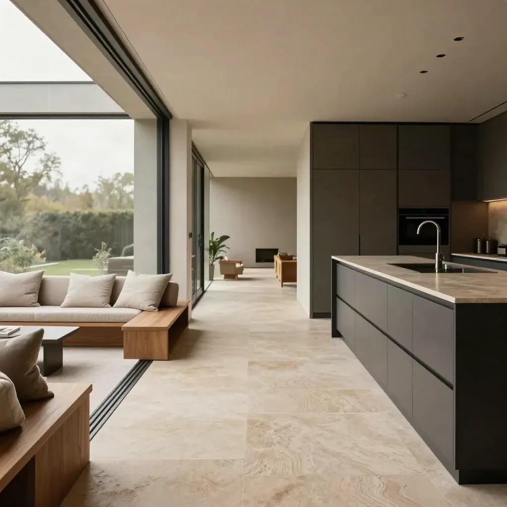 Completed rear extension with glazing, pale limestone floor, bench seating and charcoal kitchen edge.