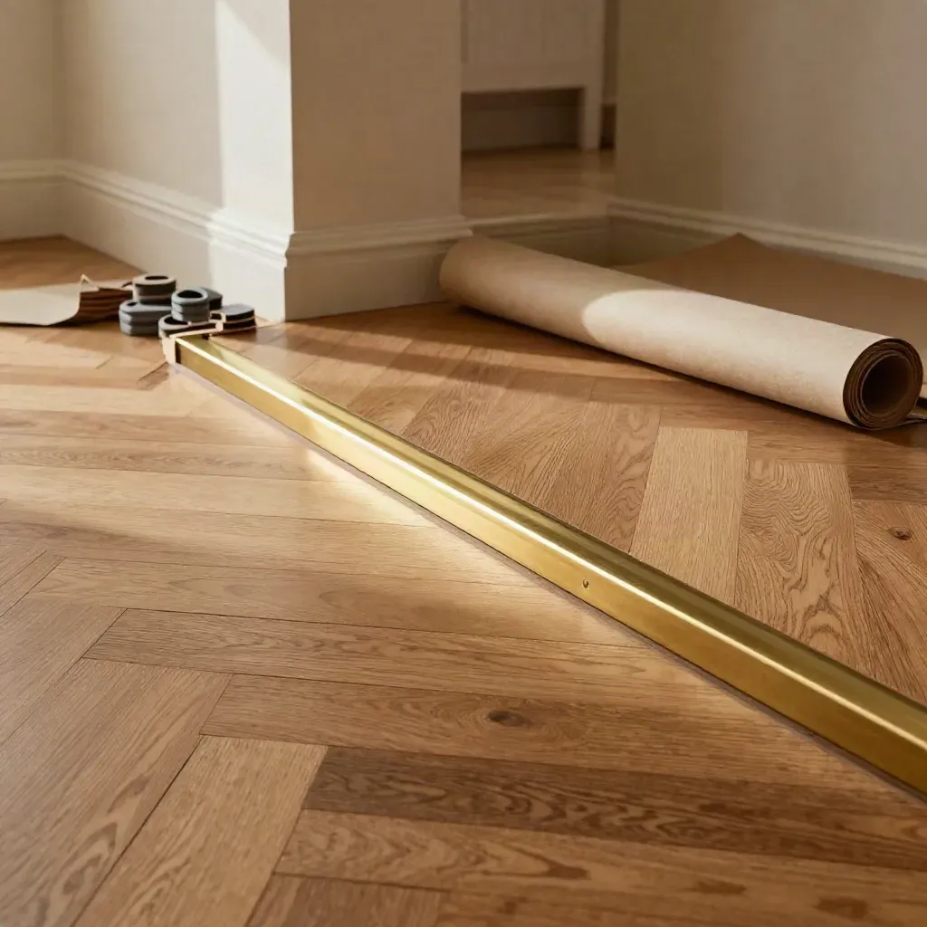 Fresh herringbone timber floor with brass threshold and neat flooring materials at the edge.