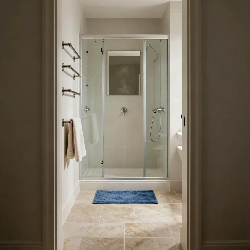 Newly tiled tenant-ready bathroom with shower, mirror steam, and steel-blue accent.