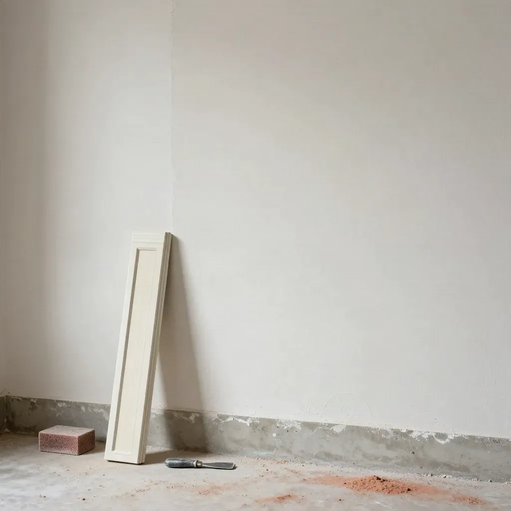 Repaired plaster wall, aligned door casing, sanding block, filler knife, primed skirting in chalk dust.