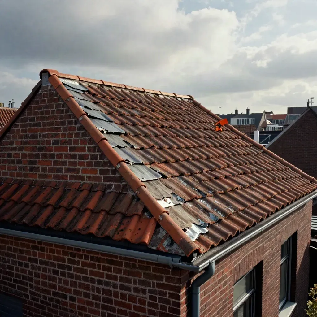 Repaired Haarlem roof with new clay tiles, flashing, and dry gutters under clearing storm clouds.