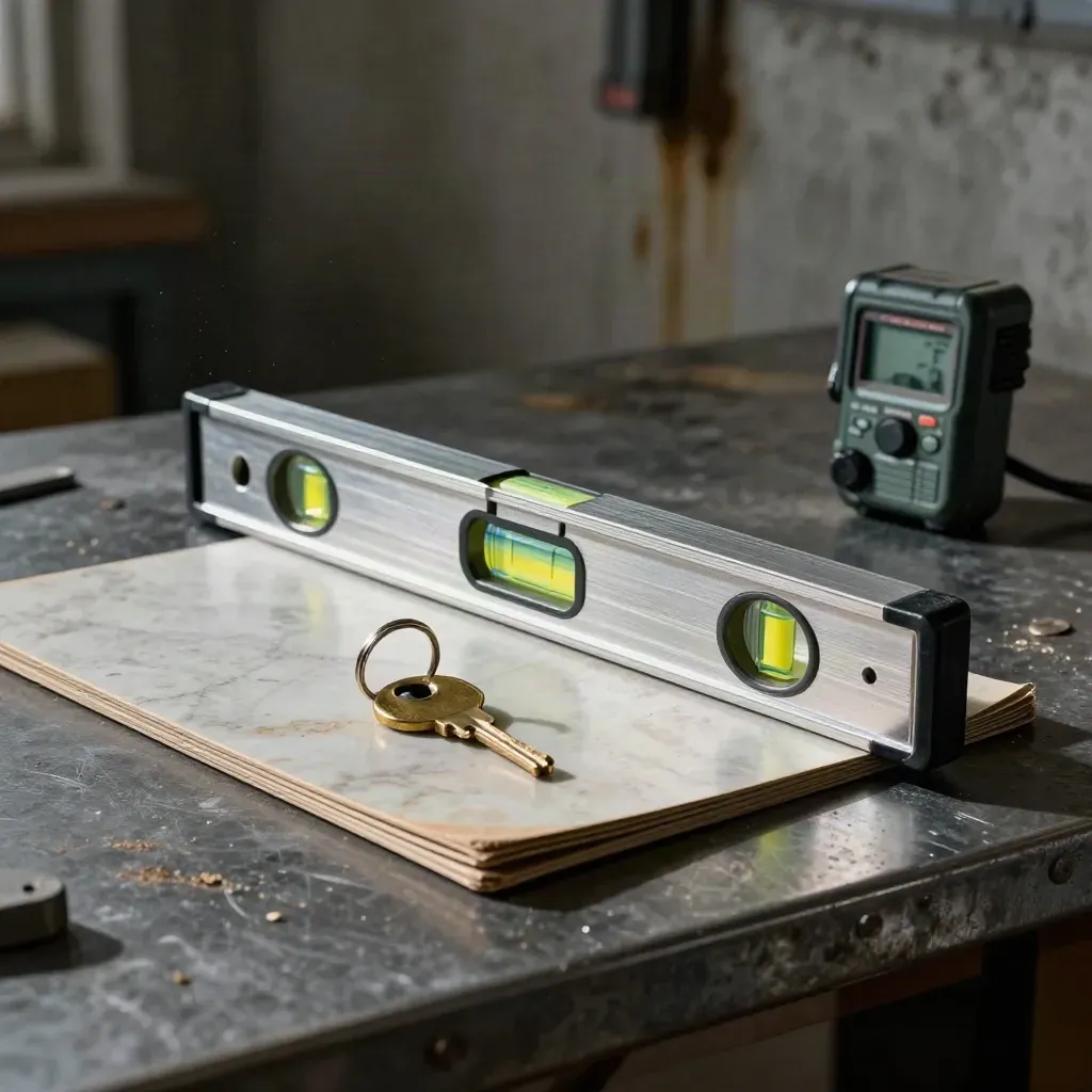 Worksite tools on a dark bench: level, folder, key ring and distance meter.