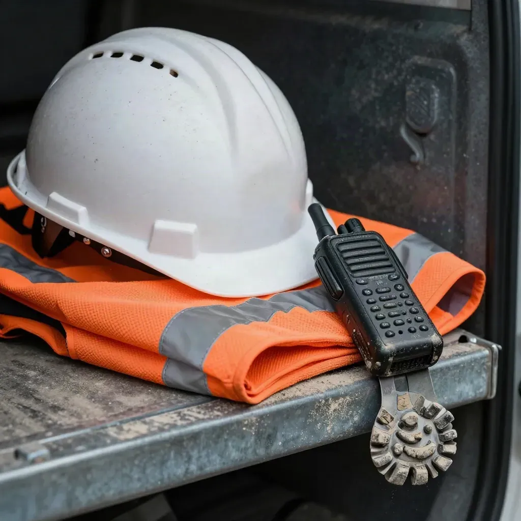Close-up of construction safety gear on a steel shelf by a van door.