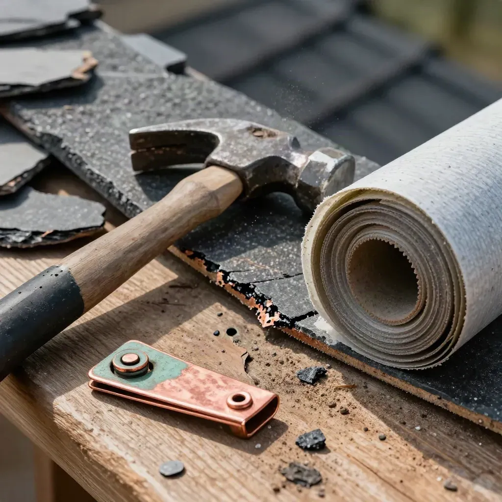 Roofing tools and broken tile on a dusty bench, lit by raking daylight.