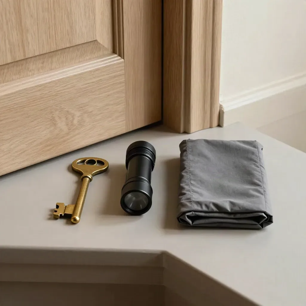 Brass key, flashlight, boot covers and site folder arranged on pale wood by a doorway.