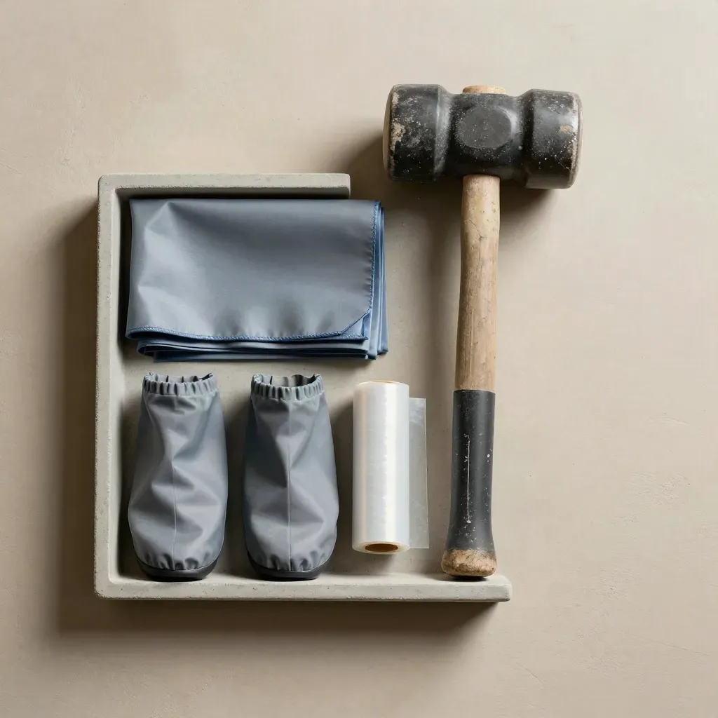 Site-protection kit on a stone tray: sheets, film, boot covers, and a rubber mallet.