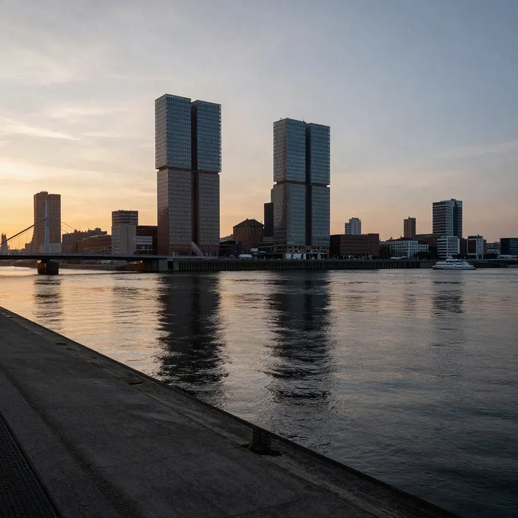 Rotterdam skyline and bridge silhouettes above a still river at golden sunset