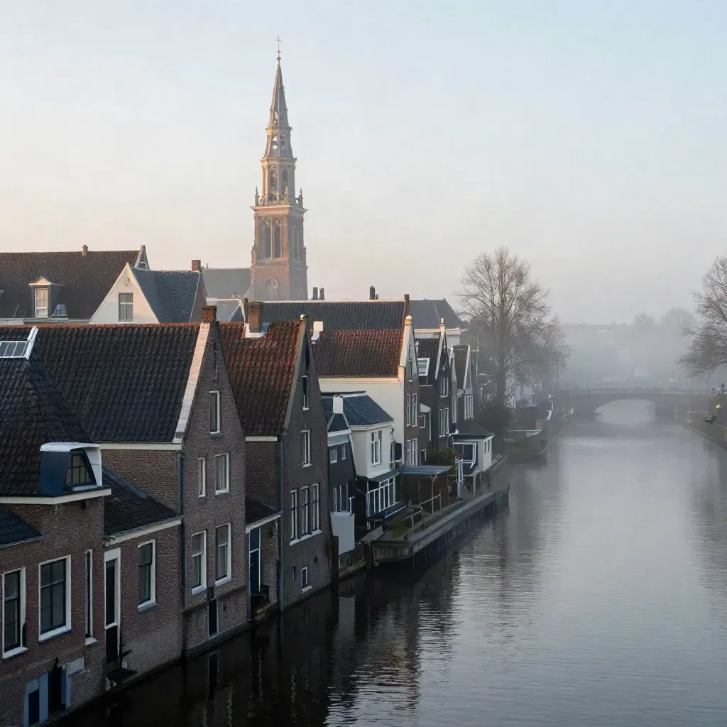 Amsterdam canal rooftops with a church spire above misty water at dawn